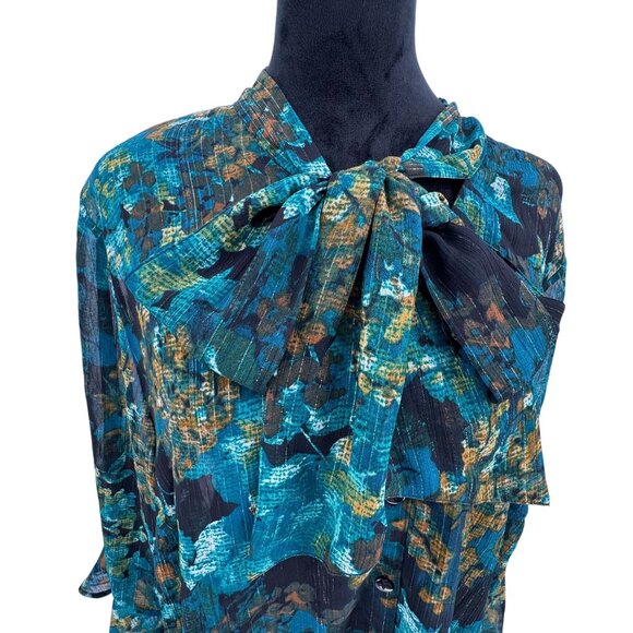Catherines Teal  Floral Sheer Blouse Front Tie‎ Neck Flared Sleeves Chiffon 1X - Picture 1 of 7